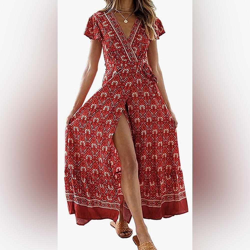 NWOT Bohemian Floral Printed Wrap V Neck Short Sleeve Split maxi dress